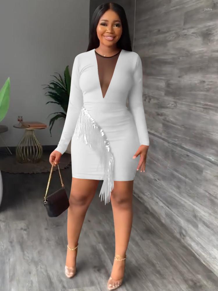 Casual Dresses Women Night Club Drill Mesh See-through Fringe Hip Slim 2024 Spring Long Sleeve Fashion Sexy Party