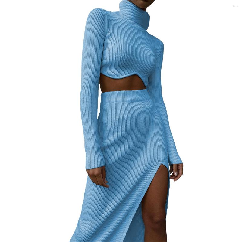 Work Dresses LEOSD Ensembles De Jupes Threaded High Collar Irregular Half Skirt Slit Slim Suit Crop Tops And Dress Two Piece Set Women