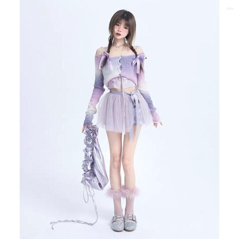 Work Dresses Summer Women Skirts Set Ballet Girl Style Gradient One Line Neck Knit Top Purple Mesh Princess Fluffy Short Skirt Two Piece