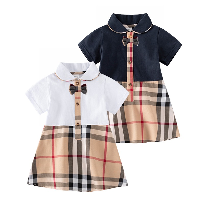 Newborn Baby Girls Princess Dresses Summer Kids Short Sleeve Dress Turn-Down Collar Girl Plaid Dresses Children Clothes