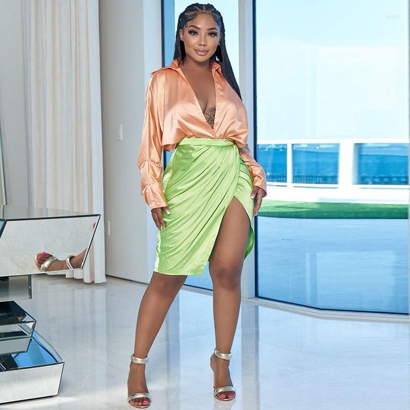 Work Dresses WUHE Women 2023 Two Piece Set Sexy V Neck Long Sleeve Blouse Top High Slit Ruched Skirts Club Party Rave Outfits Festival