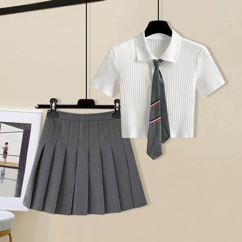 Work Dresses Knit Jk Uniform Short Sets Lapel Collar Shirt Korean Japanese Style Two Piece Women Outfits Summer Dress Female Clothing