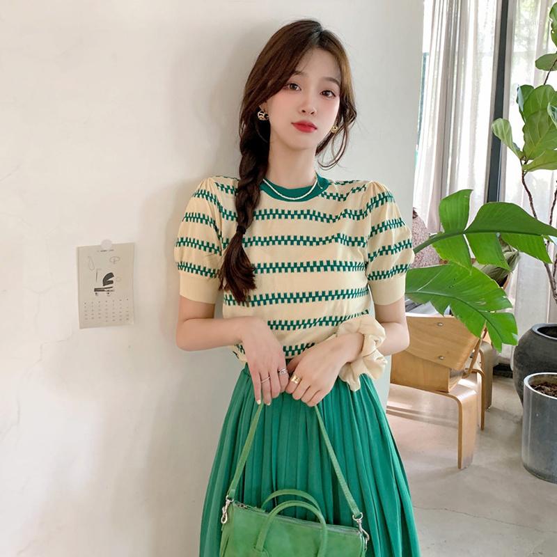 Work Dresses 2023 Summer Womens Dress Sets Stylish Striped Knitted T Shirt Pleated Skirt Casual Green Chic