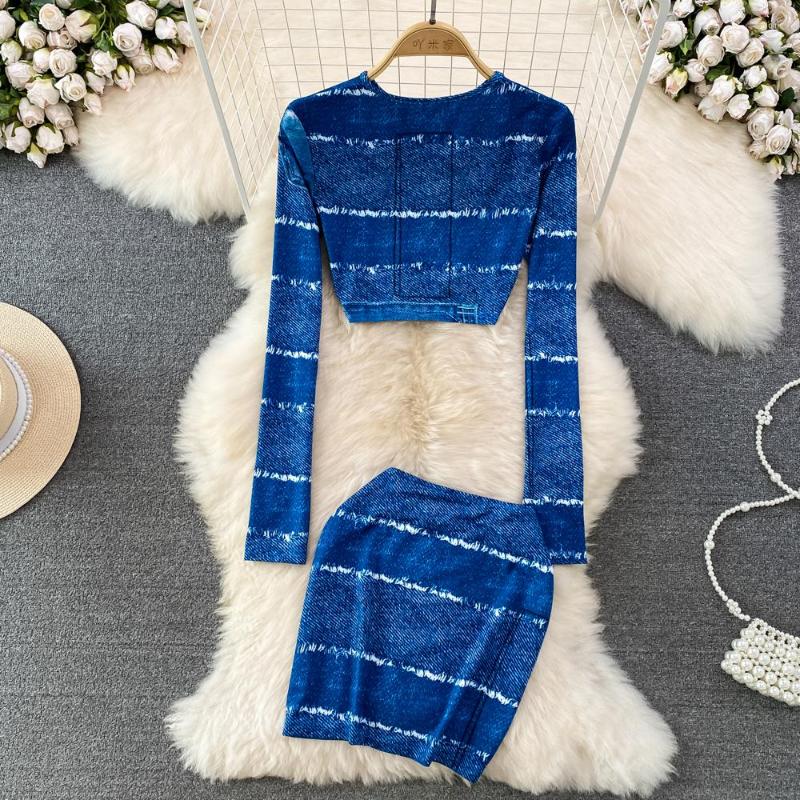 Work Dresses Jeans Skirt Suits Streetwear Fashion Frayed Denim Pullover Long Sleeve Crop Top And Mini Two Piece Set