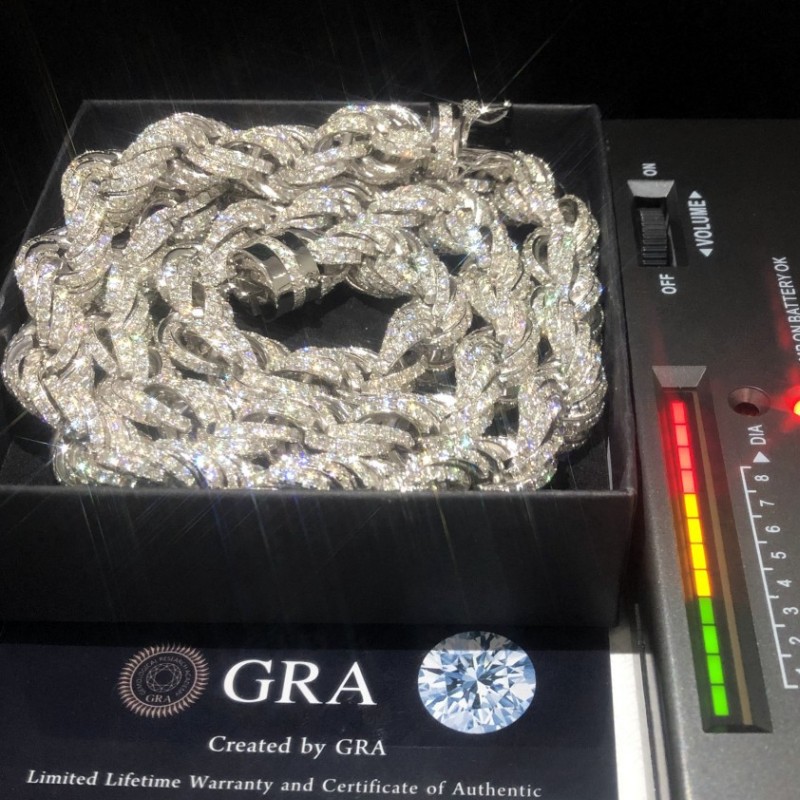 Pass Test VVS Moissanite Chains Necklace 12mm 18-24inch 925 Sterling Silver Full Moissanite Rope Chain Necklace for Women/Men Nice Gift