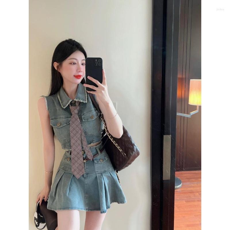 Work Dresses Womens Summer Short Skirt Sets Cropped Vest Top Mini Pleated Denim Skirts Two-piece Suit Streetwear Y2k Clothing Q610