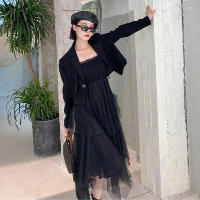 Work Dresses Design Korean Women Fashion Elegant Blazer Vintage Two Piece Set Advanced Slingdress Blazers Femme Robe Vestido De Mujer