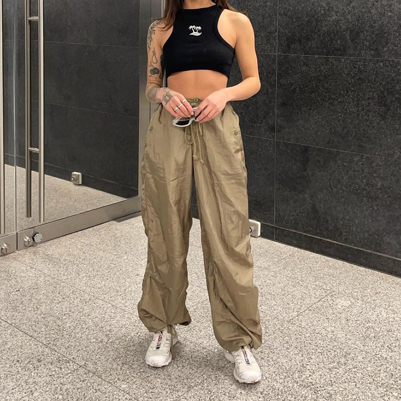 Women's Pants Capris Womens Pants Adult Casual Solid Color Loose Fit Drawstring Waistband Pants Female Trousers Club Street Style Loose Woven Pan