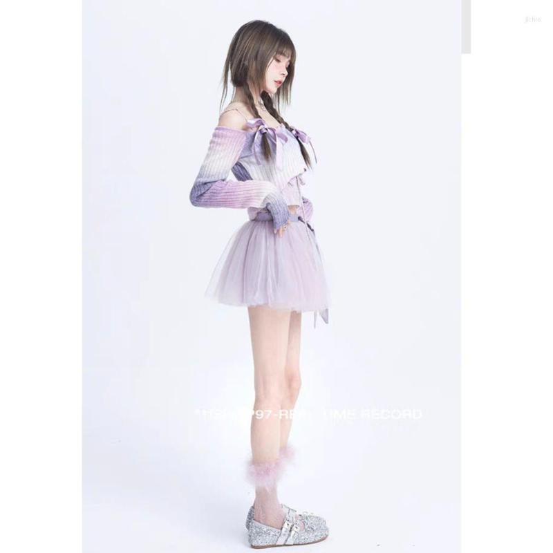 Work Dresses Summer Women Skirts Set Ballet Girl Style Gradient One Line Neck Knit Top Purple Mesh Princess Fluffy Short Skirt Two Piece