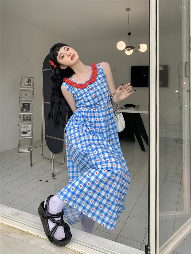 Party Dresses Original Summer Day And Wind Restoring Ancient Ways Is Red Blue Plaid Round Of Tall Waist Sleeveless Lace Dress