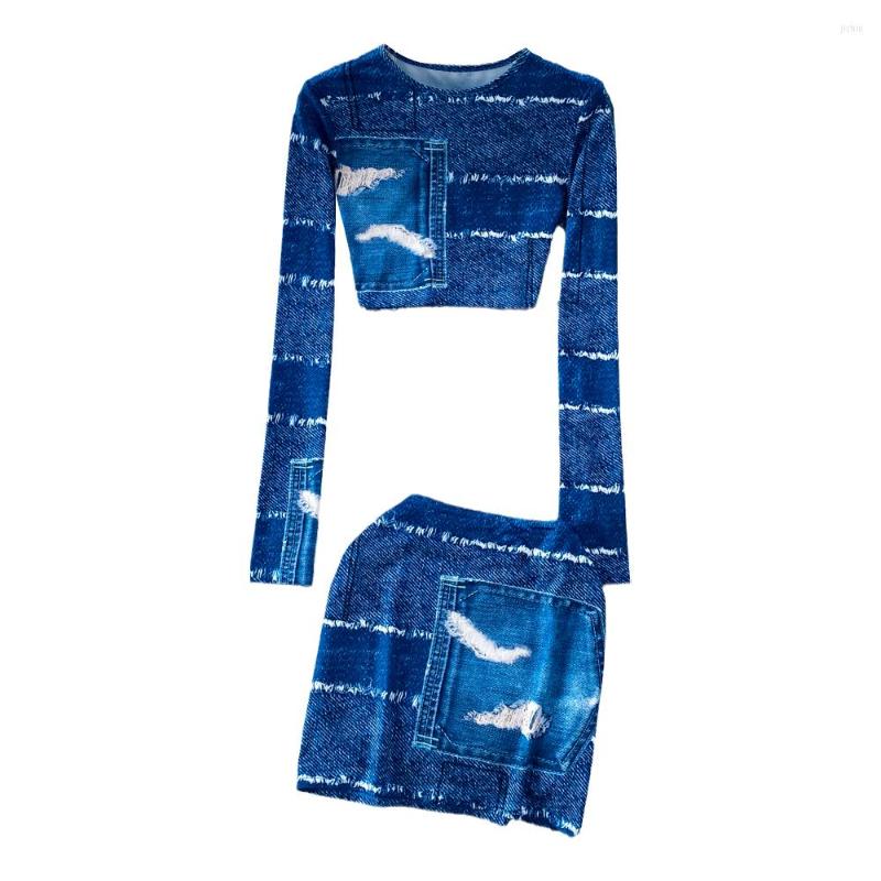 Work Dresses Jeans Skirt Suits Streetwear Fashion Frayed Denim Pullover Long Sleeve Crop Top And Mini Two Piece Set