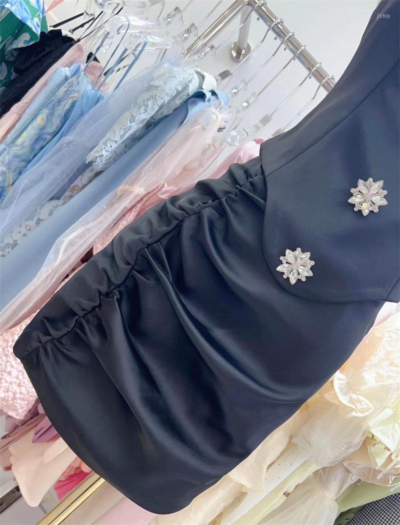 Work Dresses 2023 Summer Satin Skirt Set 2 Piece Sets Women Rhinestone Buckle Tube Top Slim Fit Slimming High Waist Short Sexy Outfit