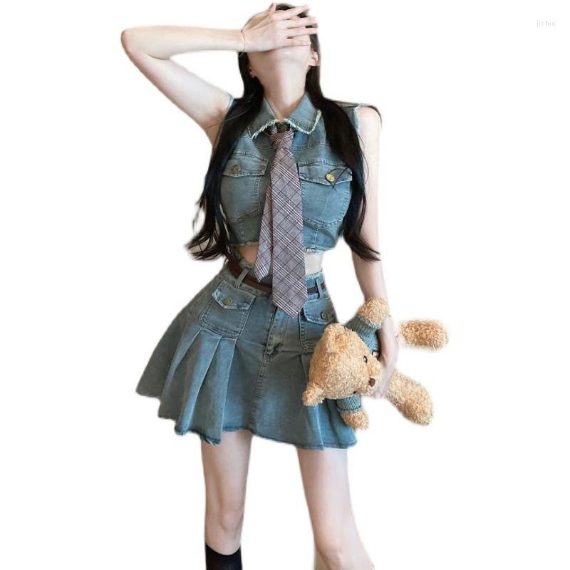 Work Dresses Womens Summer Short Skirt Sets Cropped Vest Top Mini Pleated Denim Skirts Two-piece Suit Streetwear Y2k Clothing Q610