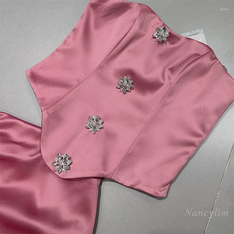 Work Dresses 2023 Summer Satin Skirt Set 2 Piece Sets Women Rhinestone Buckle Tube Top Slim Fit Slimming High Waist Short Sexy Outfit