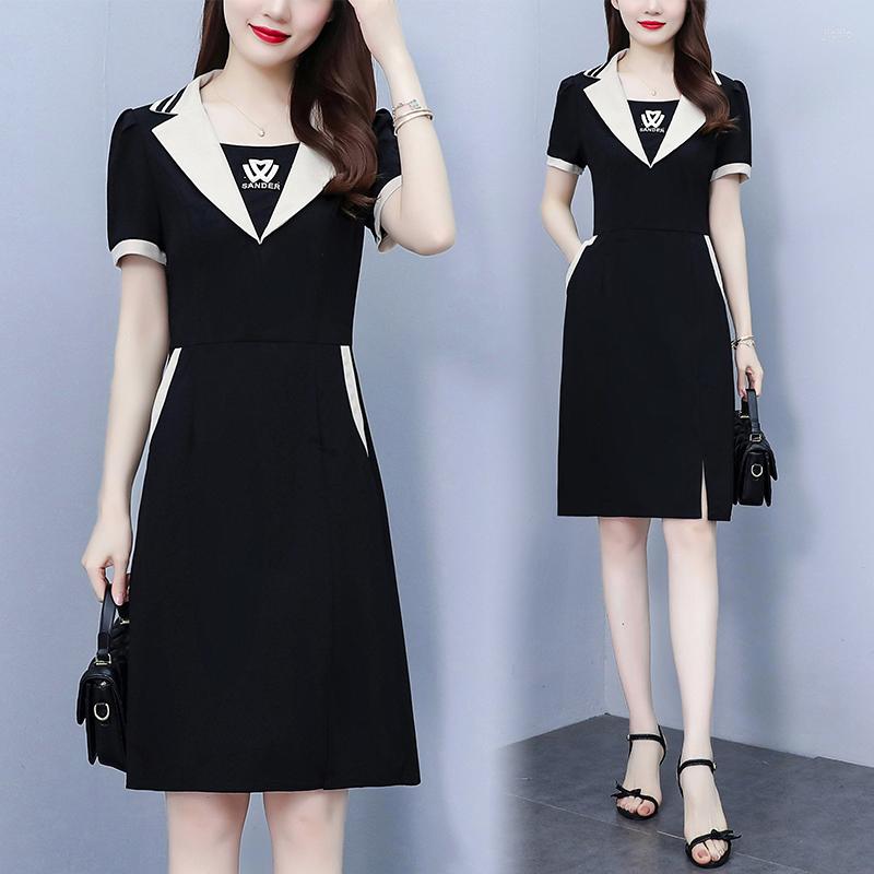 Party Dresses Summer Women Elegant Midi Dress Suit Collar Short Sleeve Casual Plus Size Hight Waist Black A Line Vestidos Female Clothes
