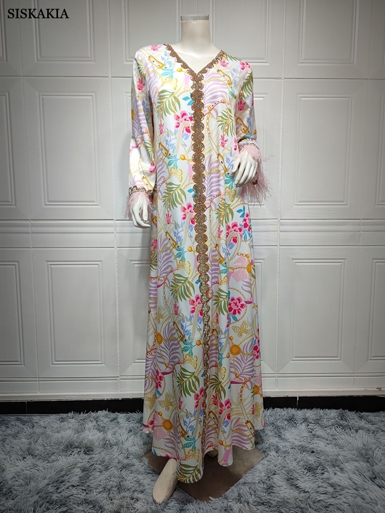 Ethnic Clothing Siskakia Muslim Woman Dress Moroccan Jalabiya Dubai Rhinestones Beaded V Neck Long Sleeve Feather Patchwork Print Gulf Abayas 230616