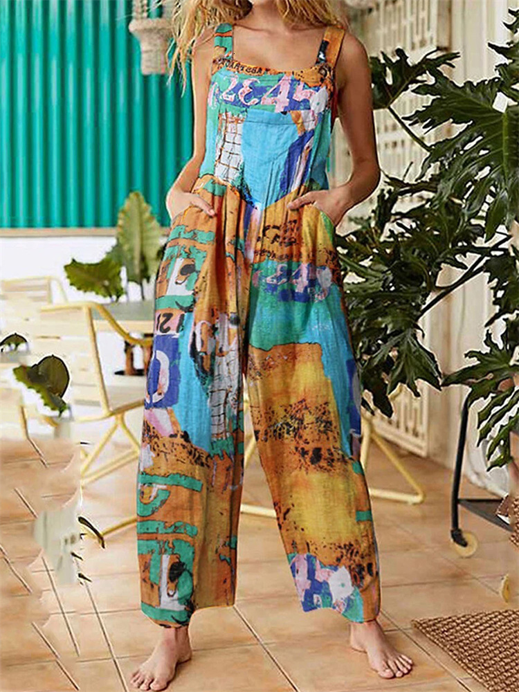 Women's Pants Capris Women Loose Suspender Trousers Tie-dye Print Wide Leg Pants Summer Fall Bohemian Grunge Casual Long Pants Female Streetwear 