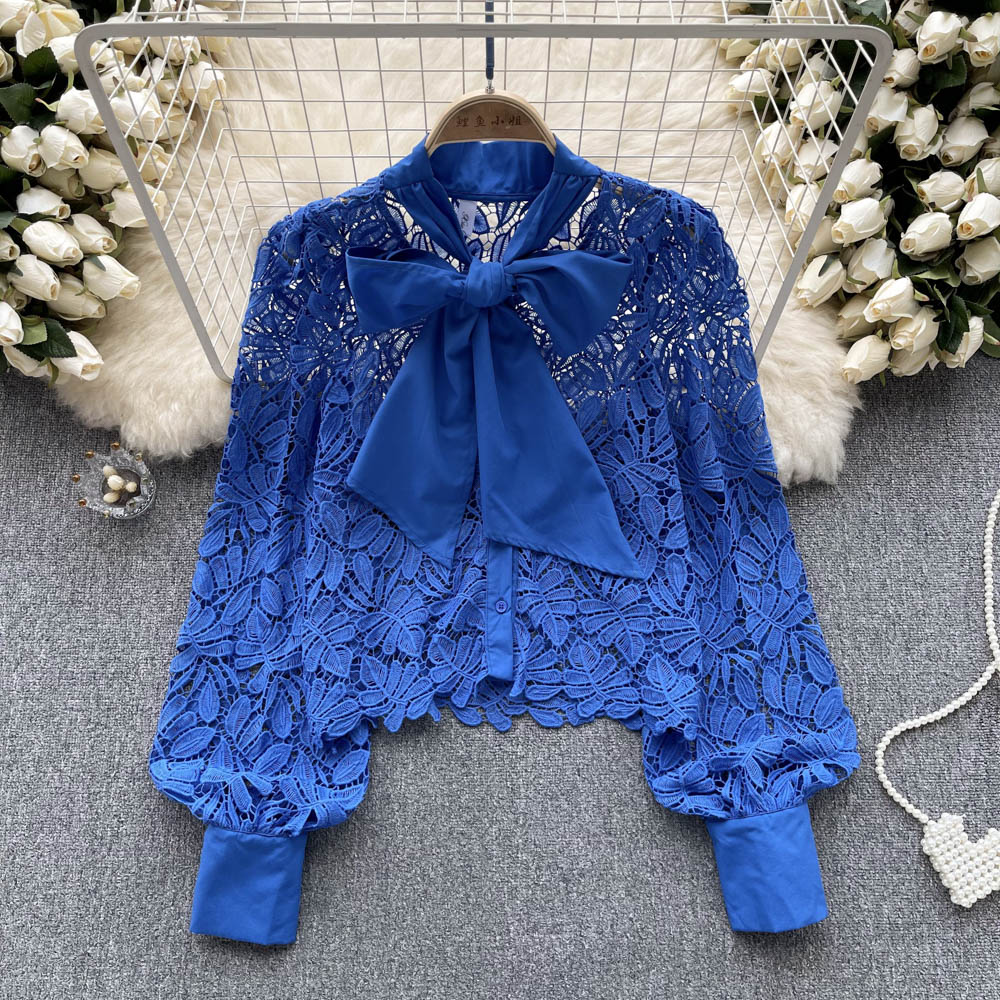 Women's Blouses French Lace Tops Women's Summer 2023 New Fashion Bow Neck Openwork Long Sleeve Solid Color Party Clothes Blouse Shirts