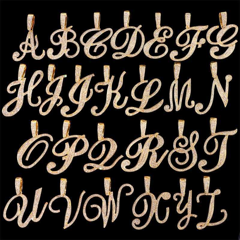 Charms Bling Iced Out Chain Crystal Cursive Initials Pendant Necklace for Women Cuban Choker Stainless Steel Zircon Jewelry 230613