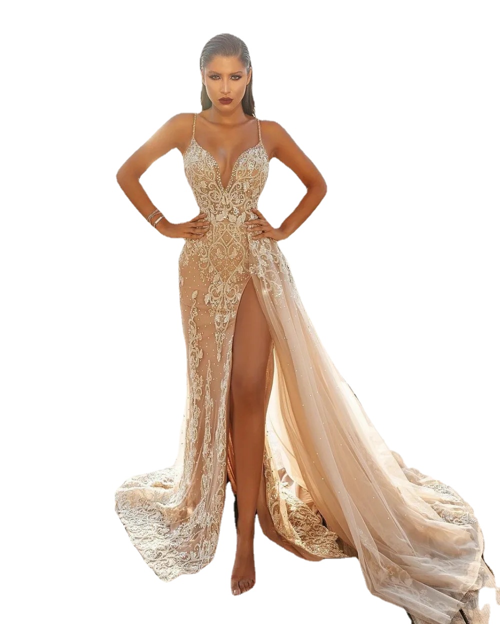 Champagne Mermaid High Split Prom Dresses robes de soiree Spaghetti Straps Lace Beaded Evening Gowns Overskirt Sweep Train Tulle Party Dress, Gold
Champagne Mermaid High Split Prom Dresses robes de soiree Spaghetti Straps Lace Beaded Evening Gowns Overskirt Sweep Train Tulle Party Dress, Gold