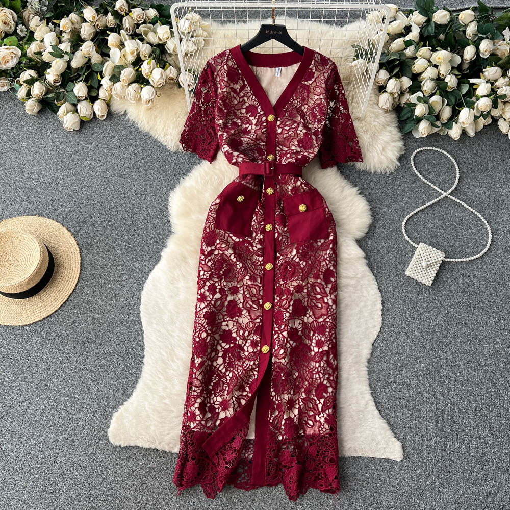 Casual Dresses French Dress Women Summer New Fashion Single Breasted Short Sleeve Lace Hollow Sexy Party Elegant Clothes Vestido Feminino 2023