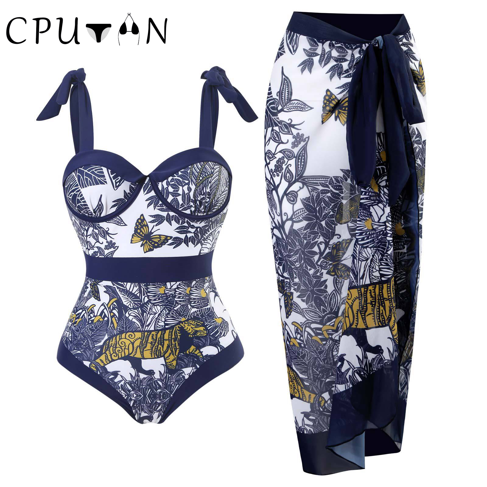 Womens Swimwear CPUTAN Vintage Green Women Swimsuit Skirt Monokini Swimwear Cover Up Bikini Set Push Up Print Beach Dress Summer 230616