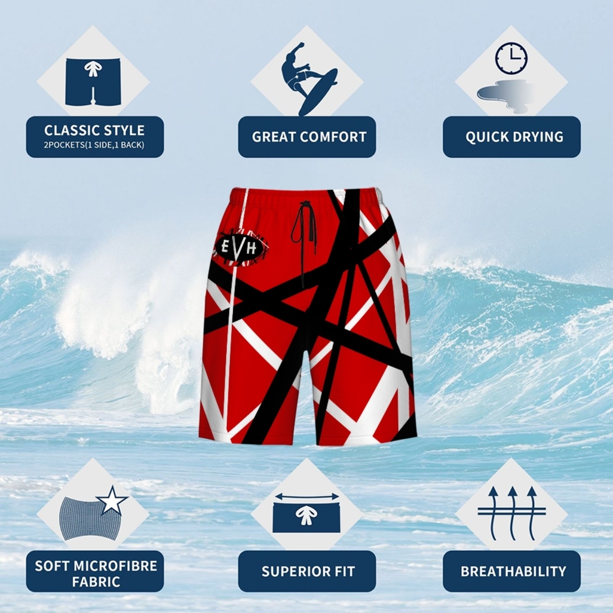 Men's Swimwear Men's Swimwear Casual Shorts Men Van Halen Band Clothes Shorts Breathable Quick Dry Running Sports Shorts Men Pop Bands Fashi