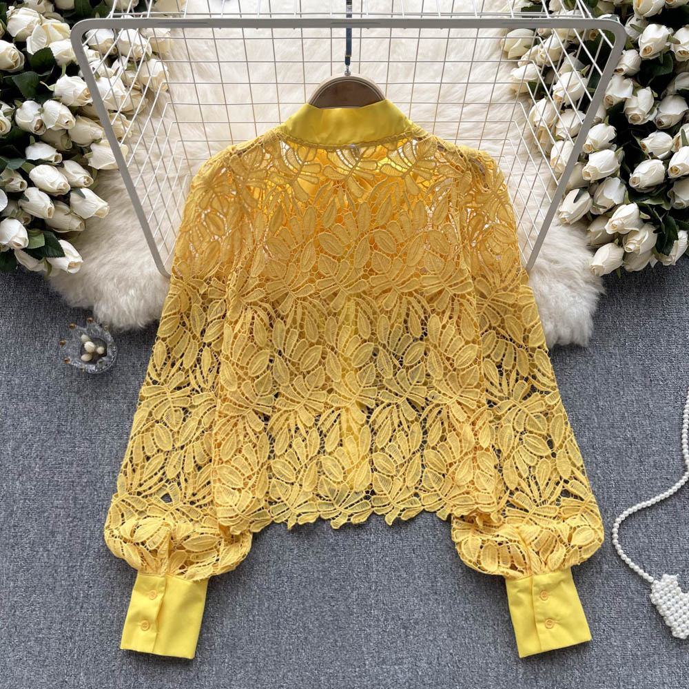 Women's Blouses French Lace Tops Women's Summer 2023 New Fashion Bow Neck Openwork Long Sleeve Solid Color Party Clothes Blouse Shirts