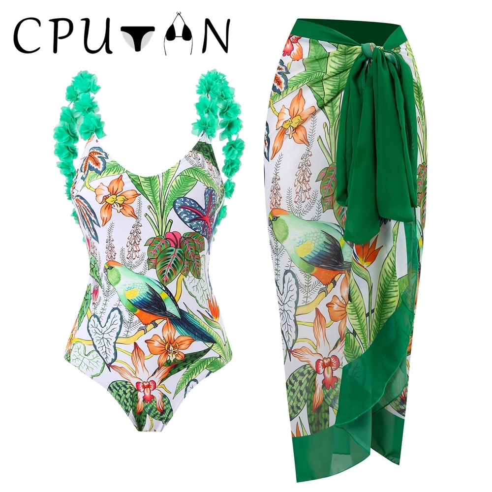 Womens Swimwear CPUTAN Vintage Green Women Swimsuit Skirt Monokini Swimwear Cover Up Bikini Set Push Up Print Beach Dress Summer 230616