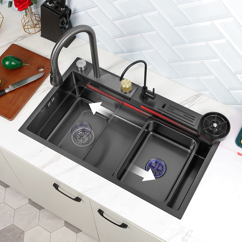 Kitchen Sinks Sink 304 Stainless Steel Waterfall Black Large Single Bowl With Multifunction Touch Faucet 230616