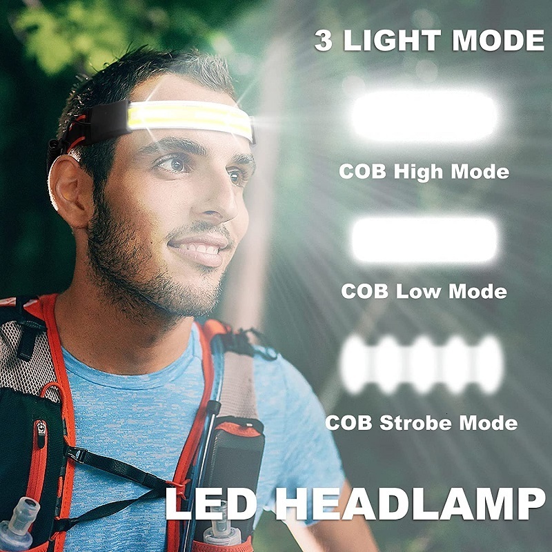 Headlamps COB LED Headlamp 210 Degree Wide Range Floodlight Headlights USB Rechargeable 3 Modes Waterproof Headlight with Battery 230617