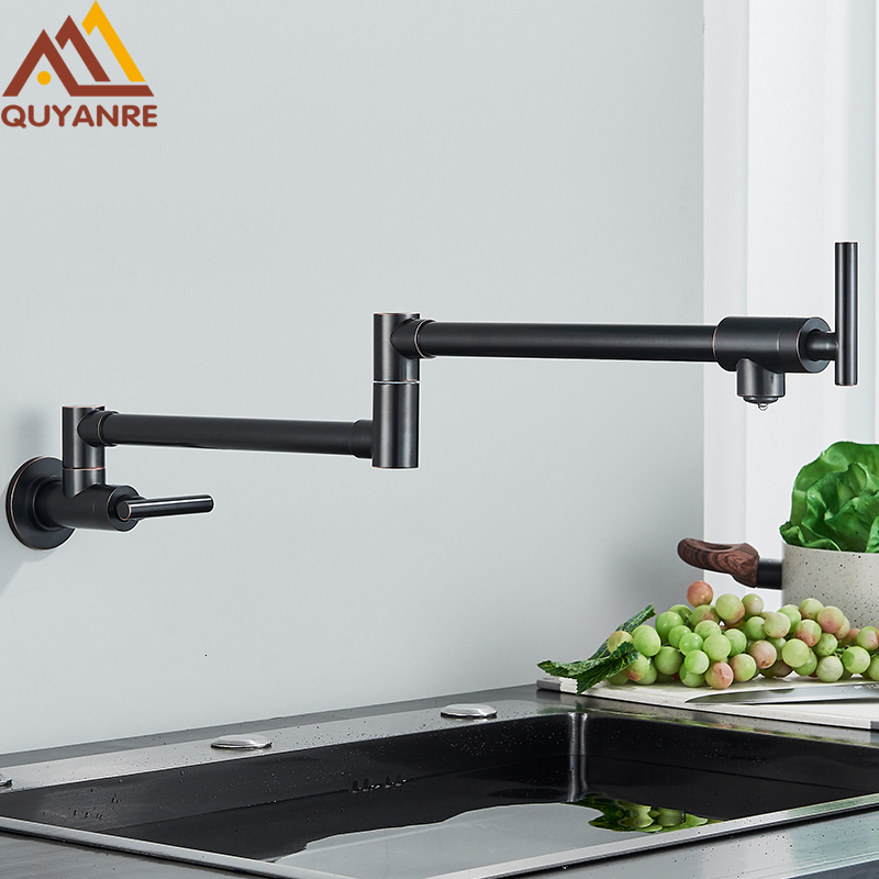 Bathroom Sink Faucets Quyanre Chrome Nickel Black Brass Pot Filler Tap Wall Mounted Kitchen Faucet Single Cold Hole Rotate Folding Spout 230616