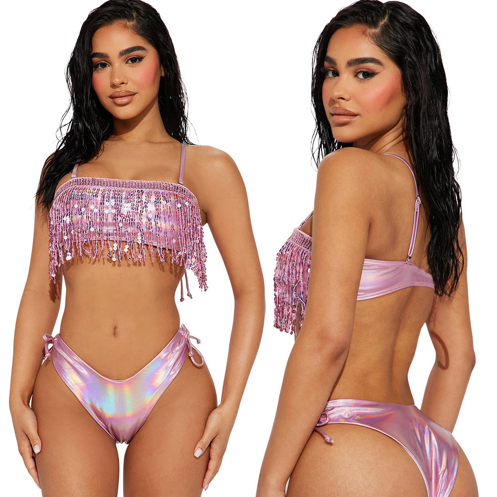 Women's Swimwear Women Fashion Blingbling Sequined Tassel Strapless Crop Top and Panties Matching Two 2 Piece Set Beach Bikinis Set 230616