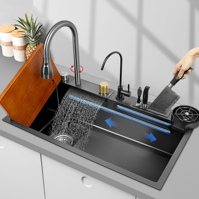 Kitchen Sinks Sink 304 Stainless Steel Waterfall Black Large Single Bowl With Multifunction Touch Faucet 230616