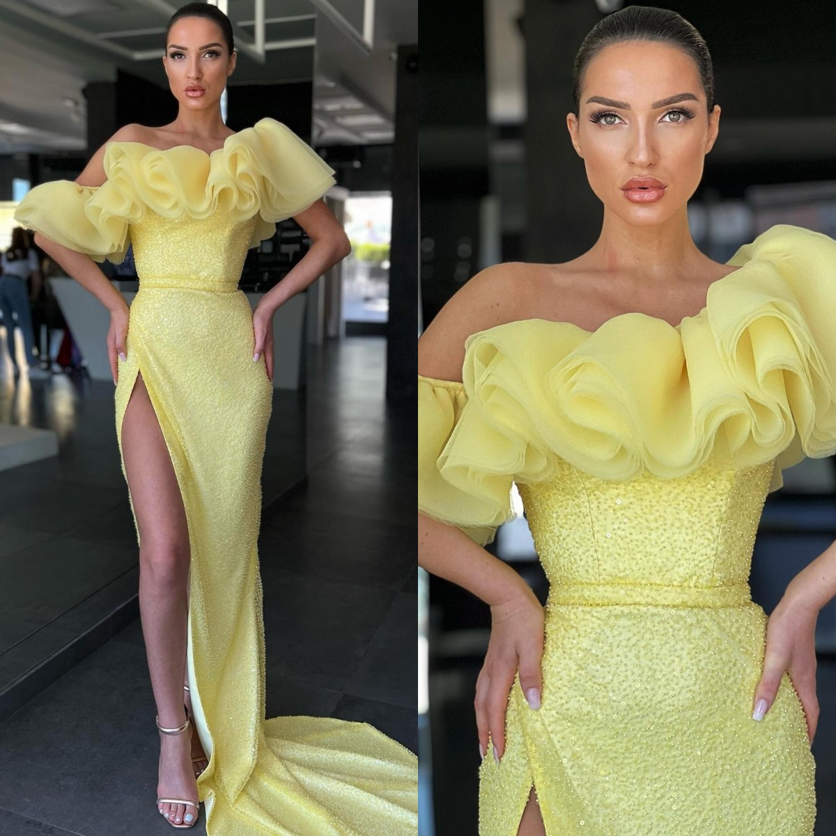 Sexy Yellow Prom Dresses Puffy Off Shoulder Sequins Party Evening Gowns Slit Formal Long Special Ocn Dress Lz0304