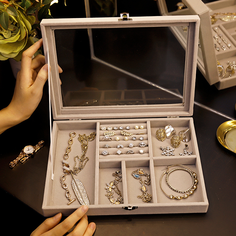 Jewelry Boxes Velvet Gray Carrying Case with Glass Cover Jewelry Ring Display Box Tray Holder Storage Box Organizer Earrings Ring Bracelet 230616