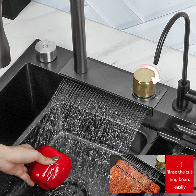 Kitchen Sinks Sink 304 Stainless Steel Waterfall Black Large Single Bowl With Multifunction Touch Faucet 230616