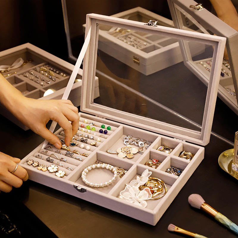 Jewelry Boxes Velvet Gray Carrying Case with Glass Cover Jewelry Ring Display Box Tray Holder Storage Box Organizer Earrings Ring Bracelet 230616