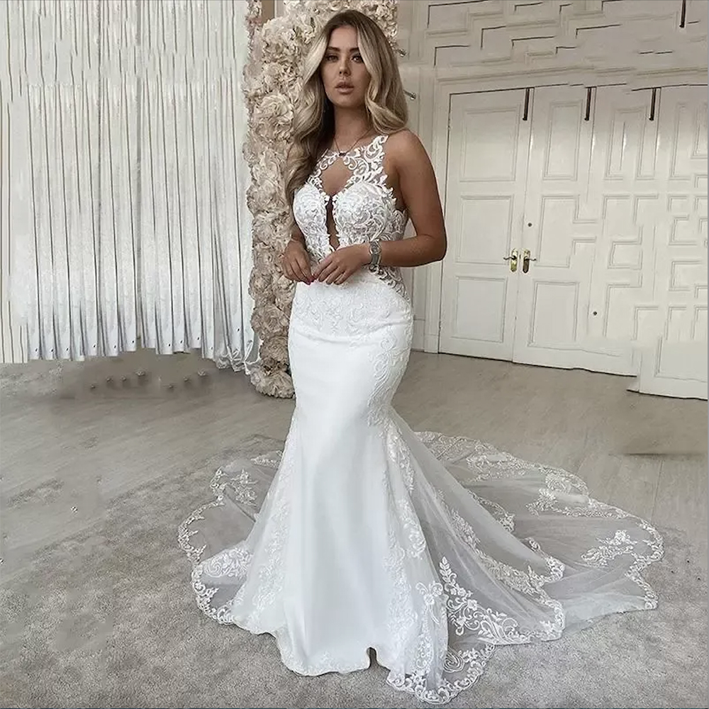 2023 Boho Mermaid Wedding Dresses Bridal Gown Sleeveless Lace Applique Sexy Backless Custom Made Plus Size Covered Buttons Chapel Train vestidos de no