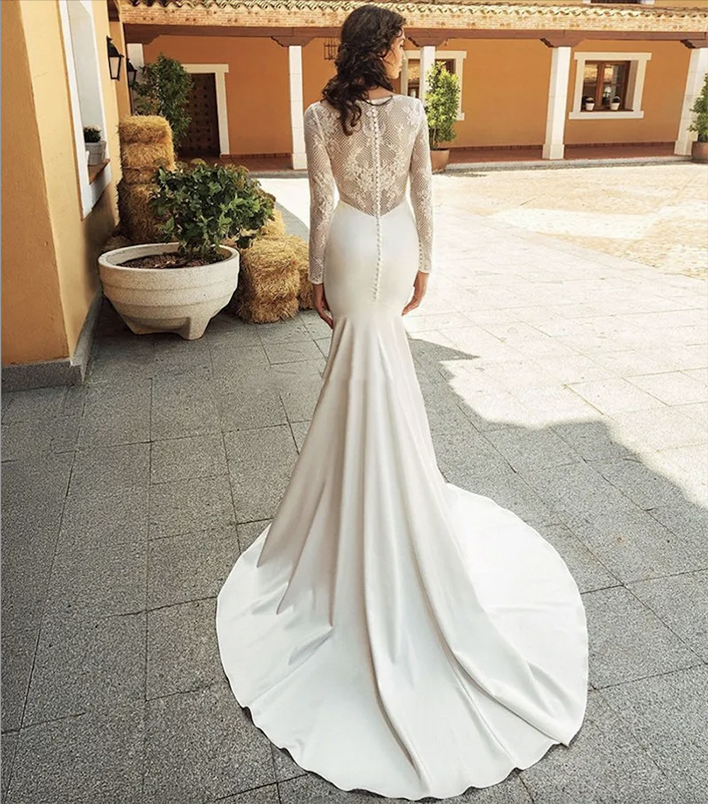 Mermaid Wedding Dress 2023 Satin Long Sleeve Vestido De Noiva Lace Bride Dresses With Romantic Buttons