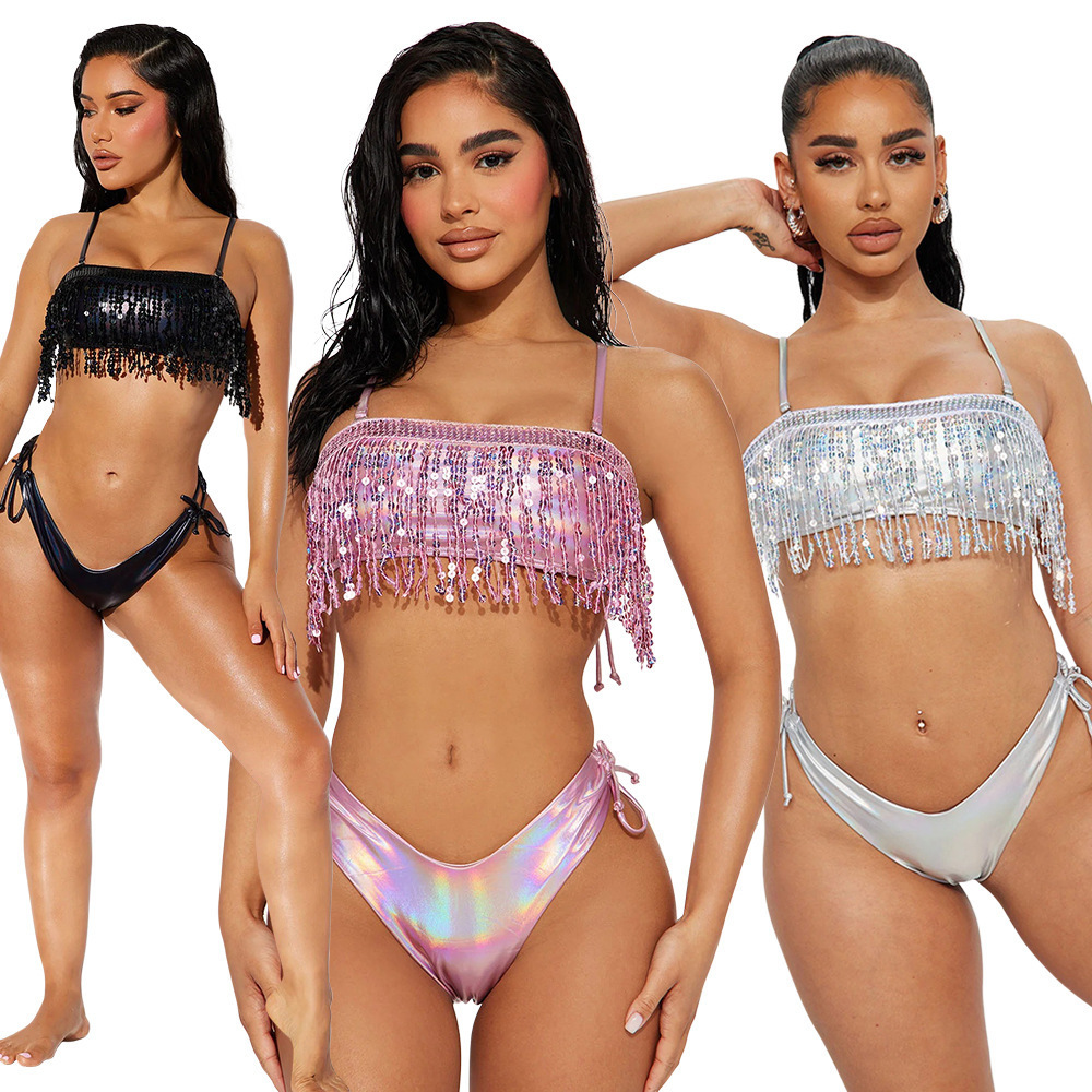 Women's Swimwear Women Fashion Blingbling Sequined Tassel Strapless Crop Top and Panties Matching Two 2 Piece Set Beach Bikinis Set 230616