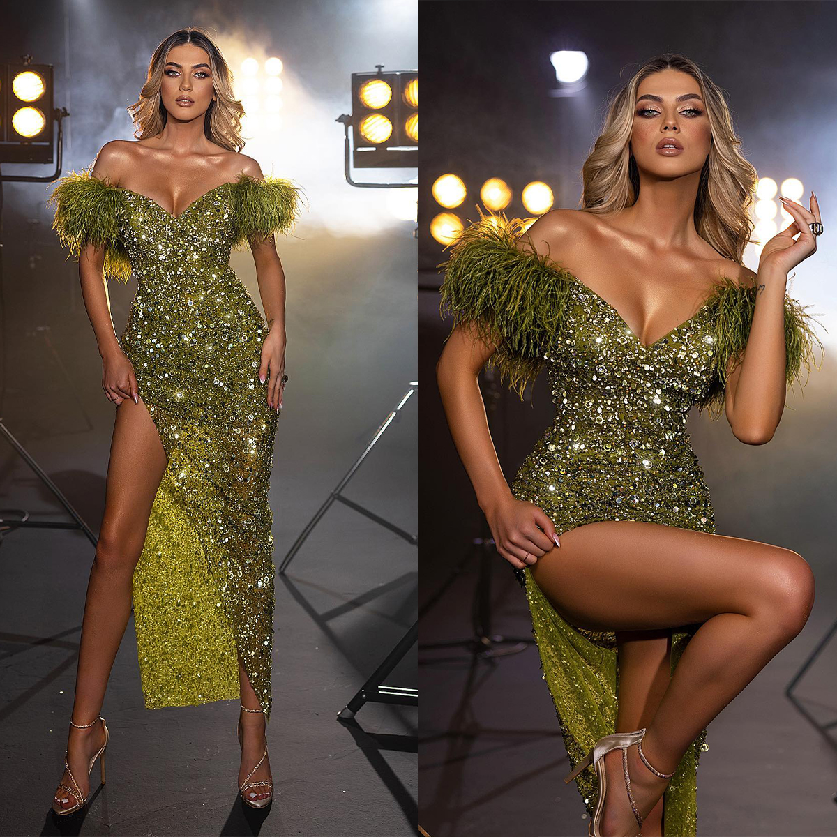 Glamorous Mermaid Prom Dresses Off the Shoulder Feathers Shining Sequined Side Split Backless Ankle-Length Custom Made Plus Size Party Dress Vestido D