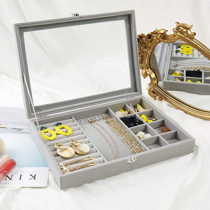 Jewelry Boxes Velvet Gray Carrying Case with Glass Cover Jewelry Ring Display Box Tray Holder Storage Box Organizer Earrings Ring Bracelet 230616
