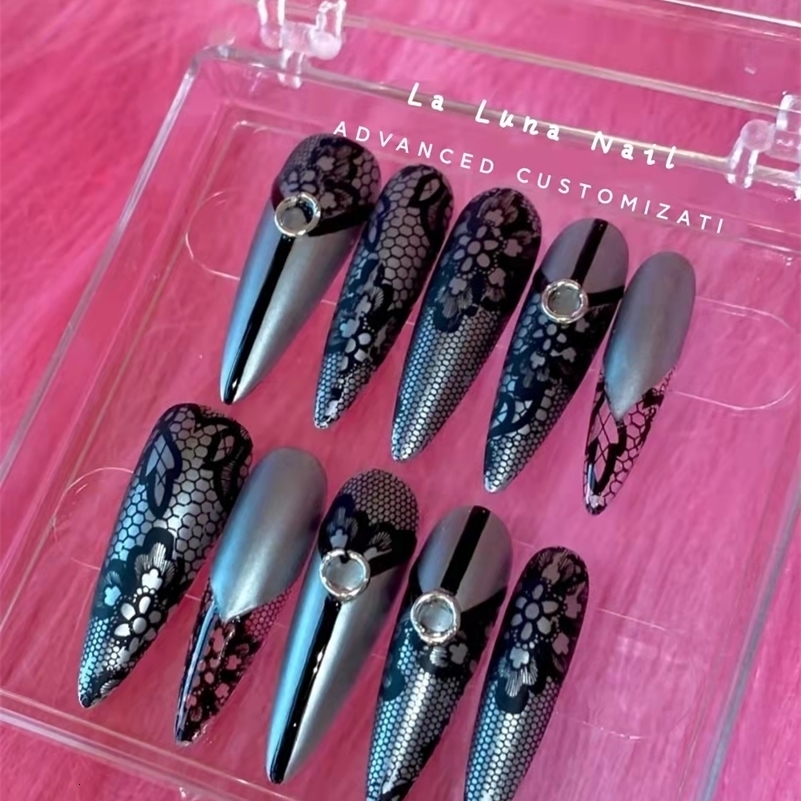 False Nails Punk Y2k Lace Dark Handmade Long Thin High Heel False Nail Tip Sexy Pressing Nail Art Short False Nail Gothic Customization 230617
