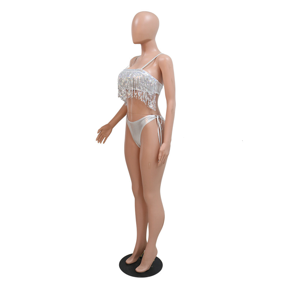 Women's Swimwear Women Fashion Blingbling Sequined Tassel Strapless Crop Top and Panties Matching Two 2 Piece Set Beach Bikinis Set 230616