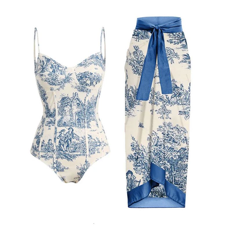 Womens Swimwear CPUTAN Vintage Green Women Swimsuit Skirt Monokini Swimwear Cover Up Bikini Set Push Up Print Beach Dress Summer 230616