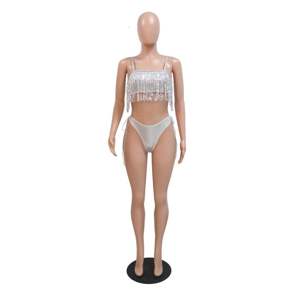 Women's Swimwear Women Fashion Blingbling Sequined Tassel Strapless Crop Top and Panties Matching Two 2 Piece Set Beach Bikinis Set 230616