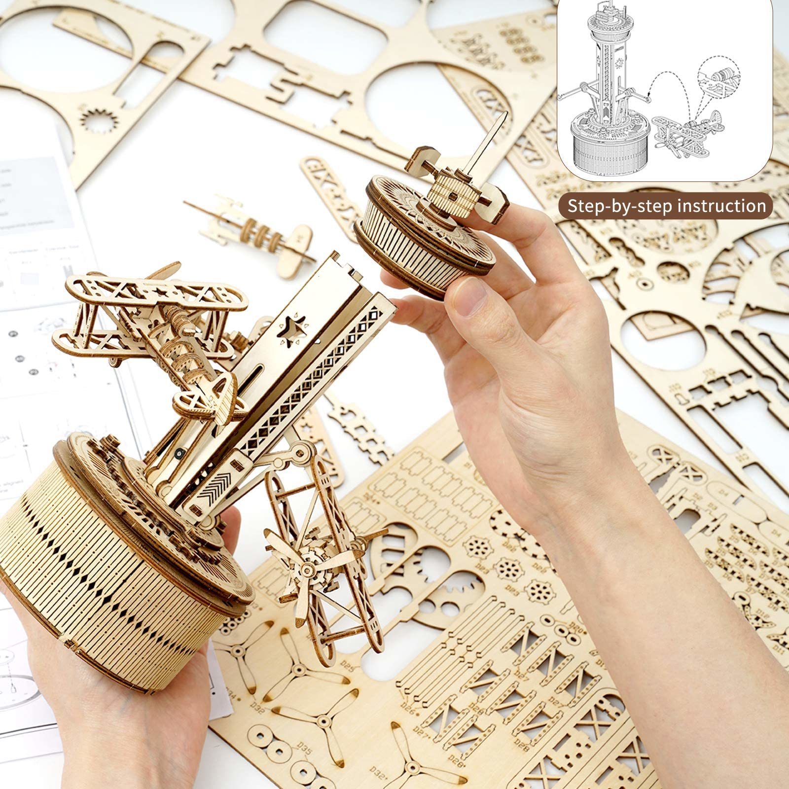 3D Puzzles Robotime Rokr 3D Wooden Puzzles for Adults DIY Musical Box Model Kit to Build Self-Assembly Building Kit Airplane- Control Tower 230616