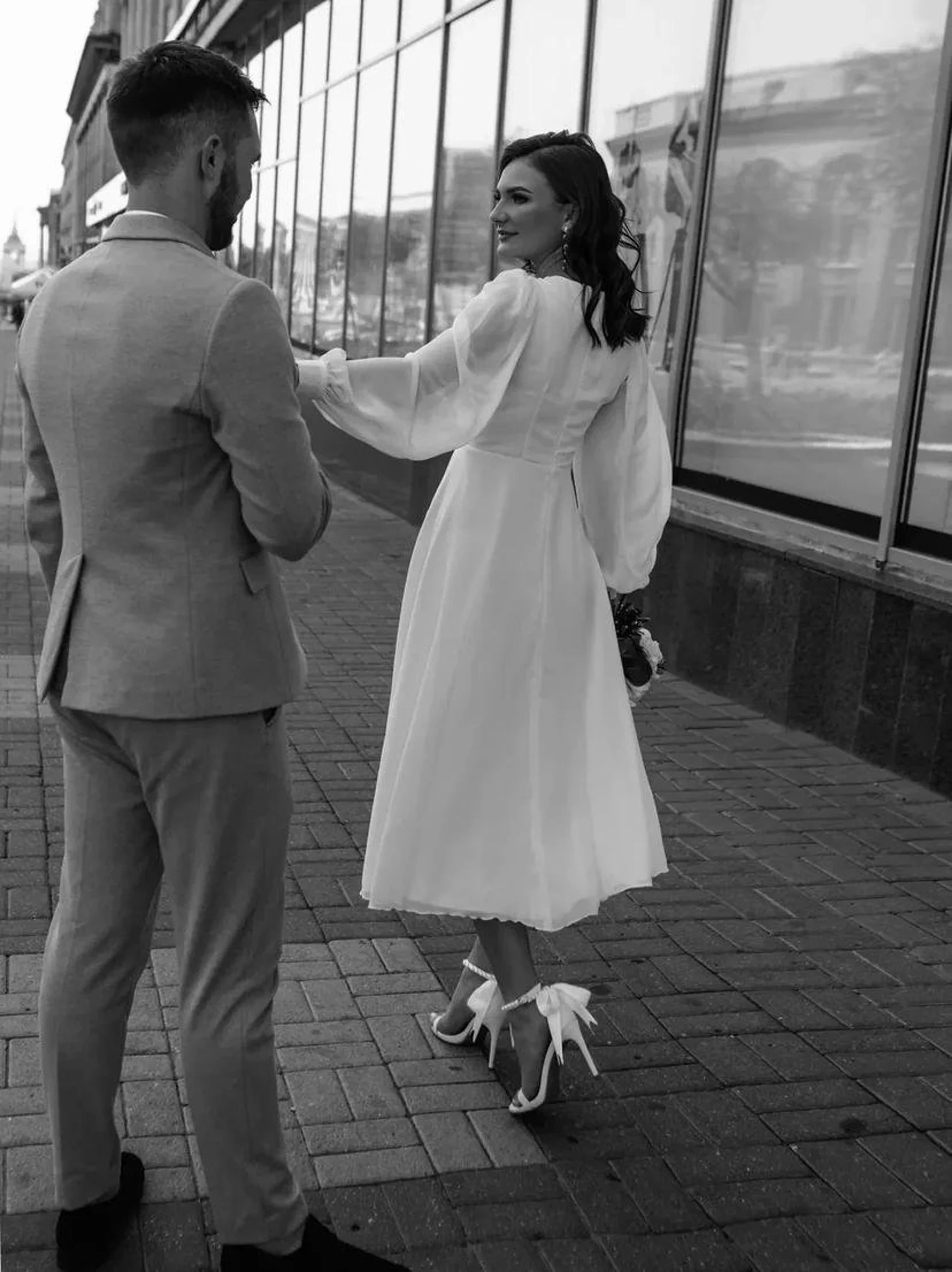 Simple V-neck Short Wedding Dress 2023 For Women Long Sleeve A Line Ankle Length Organza Tulle Bride Dresses Beach Boho Vestidos De Novia