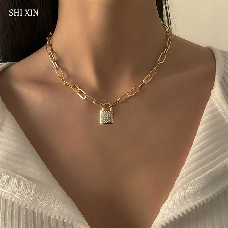 Pendant Necklaces Shixin Punk Simple Lock Pendants Necklace for Women Trendy Padlock Crystal 2023 Fashion Neck Chains Jewelry 230613